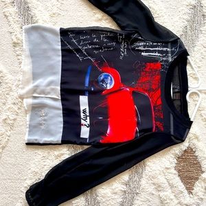 desigual sheer ish blousy top. it’s got that desigual POP. red car graphic
